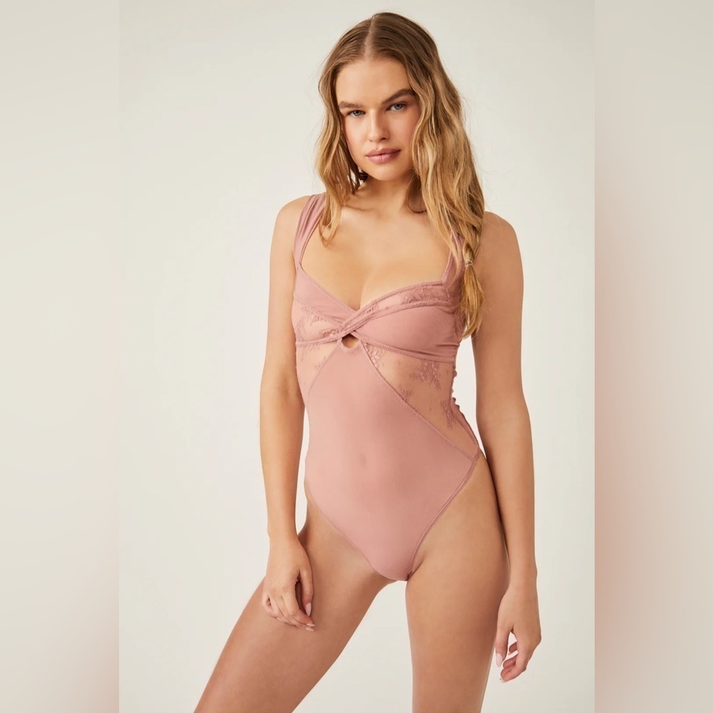 Free People Intimately Pink Sheer Lace Criss Cross Bodysuit size Small